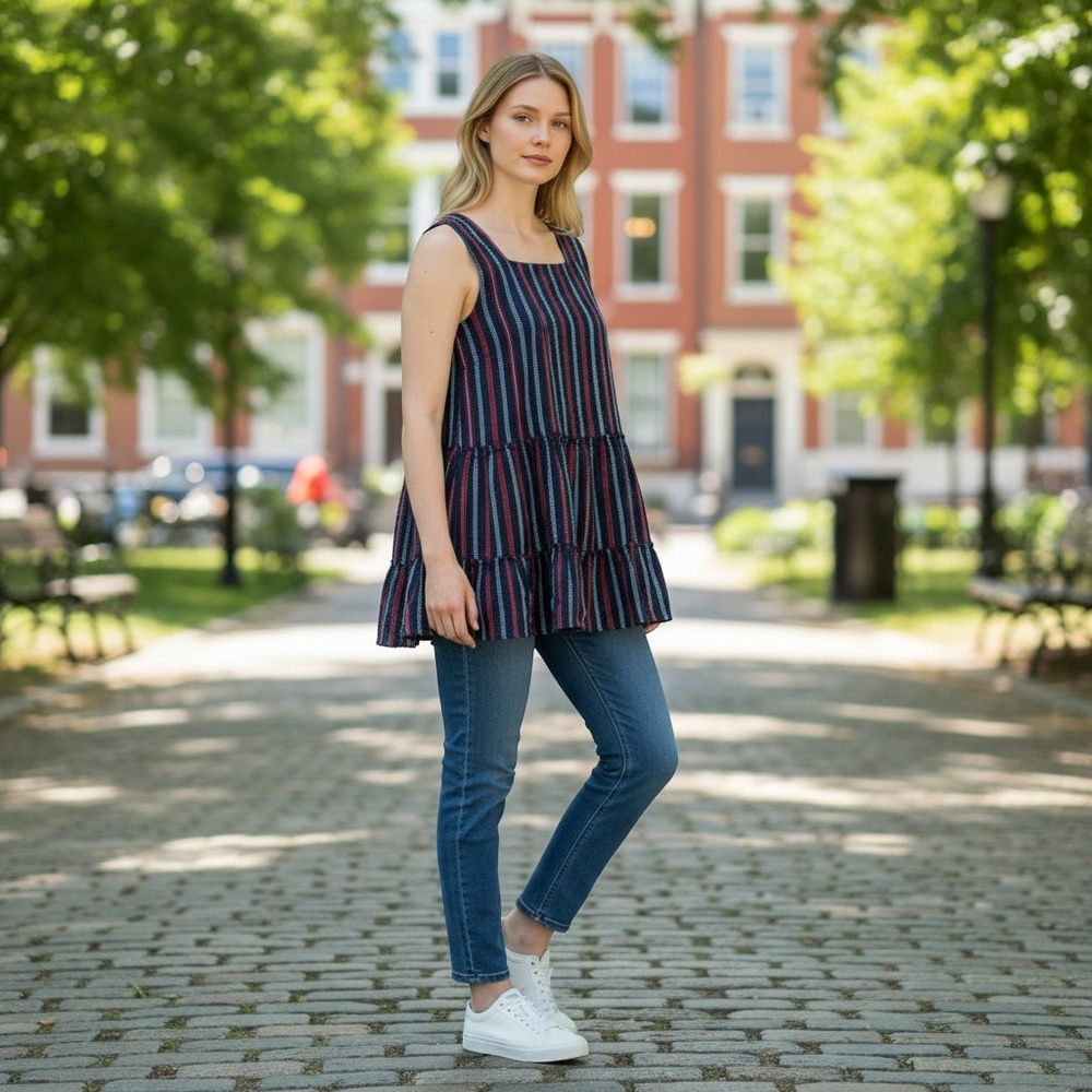 Michael Stars Womens XL Navy Red Striped Tiered V-Neck Tunic Top Americana
